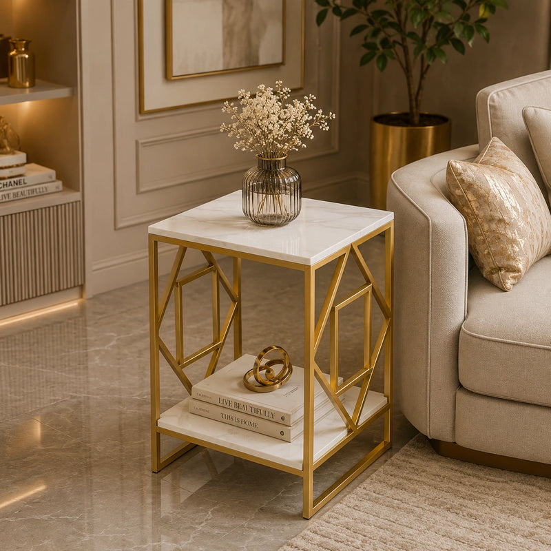 Square Geometric Rhombus Frame End  Side Table with Golden Metal Finish