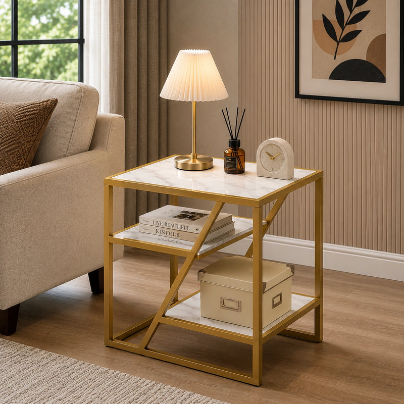 Square Shape Stylish Artistic Side Table with Golden Metal Finish