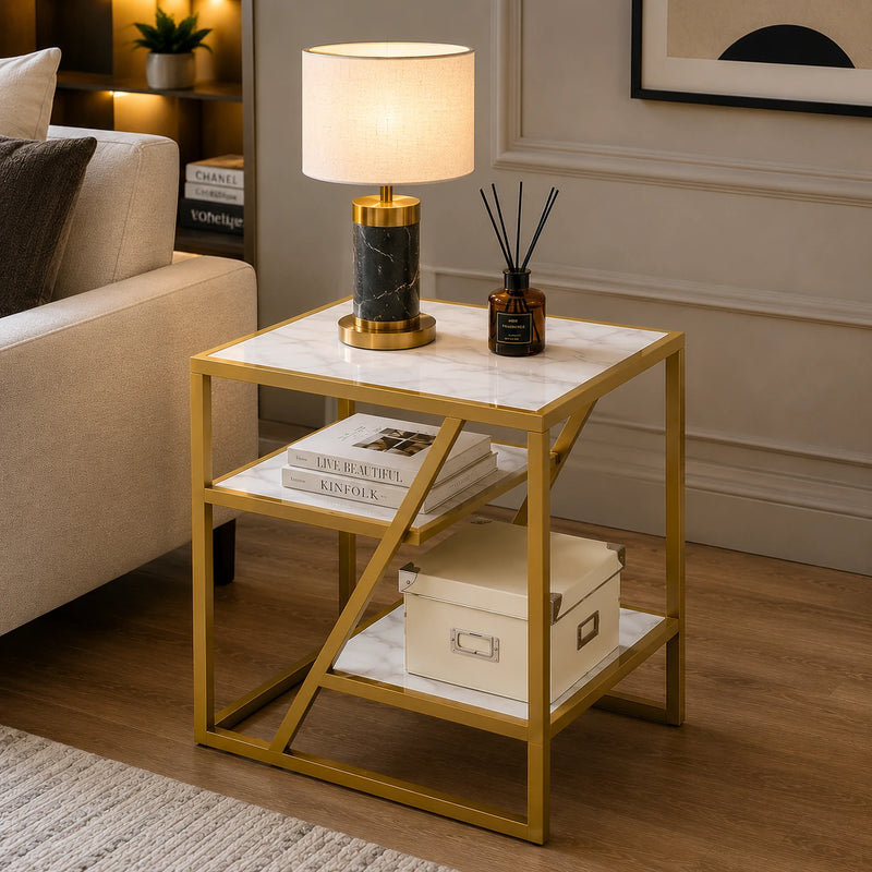 Square Shape Stylish Artistic Side Table with Golden Metal Finish