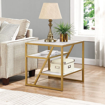 Square Shape Stylish Artistic Side Table with Golden Metal Finish