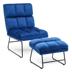 Blue Velvet Chair with Footrest