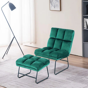 Square Tufted Design Rich Green Velvet Chair with Footrest