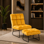 Square Tufted Style Yellow Velvet Chair with Footrest