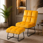 Square Tufted Style Yellow Velvet Chair with Footrest