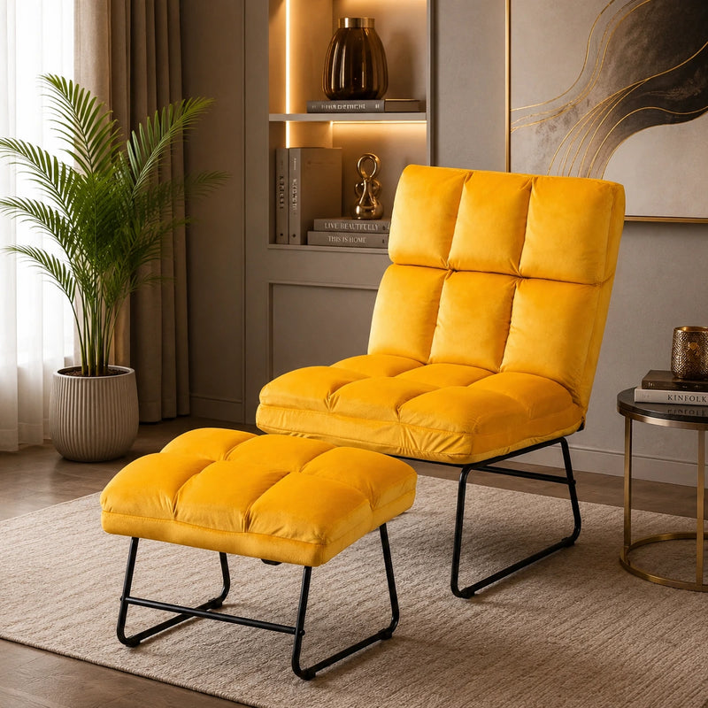 Square Tufted Style Yellow Velvet Chair with Footrest
