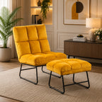 Square Tufted Style Yellow Velvet Chair with Footrest