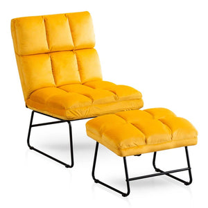 Square Style Yellow Velvet Chair with Footrest