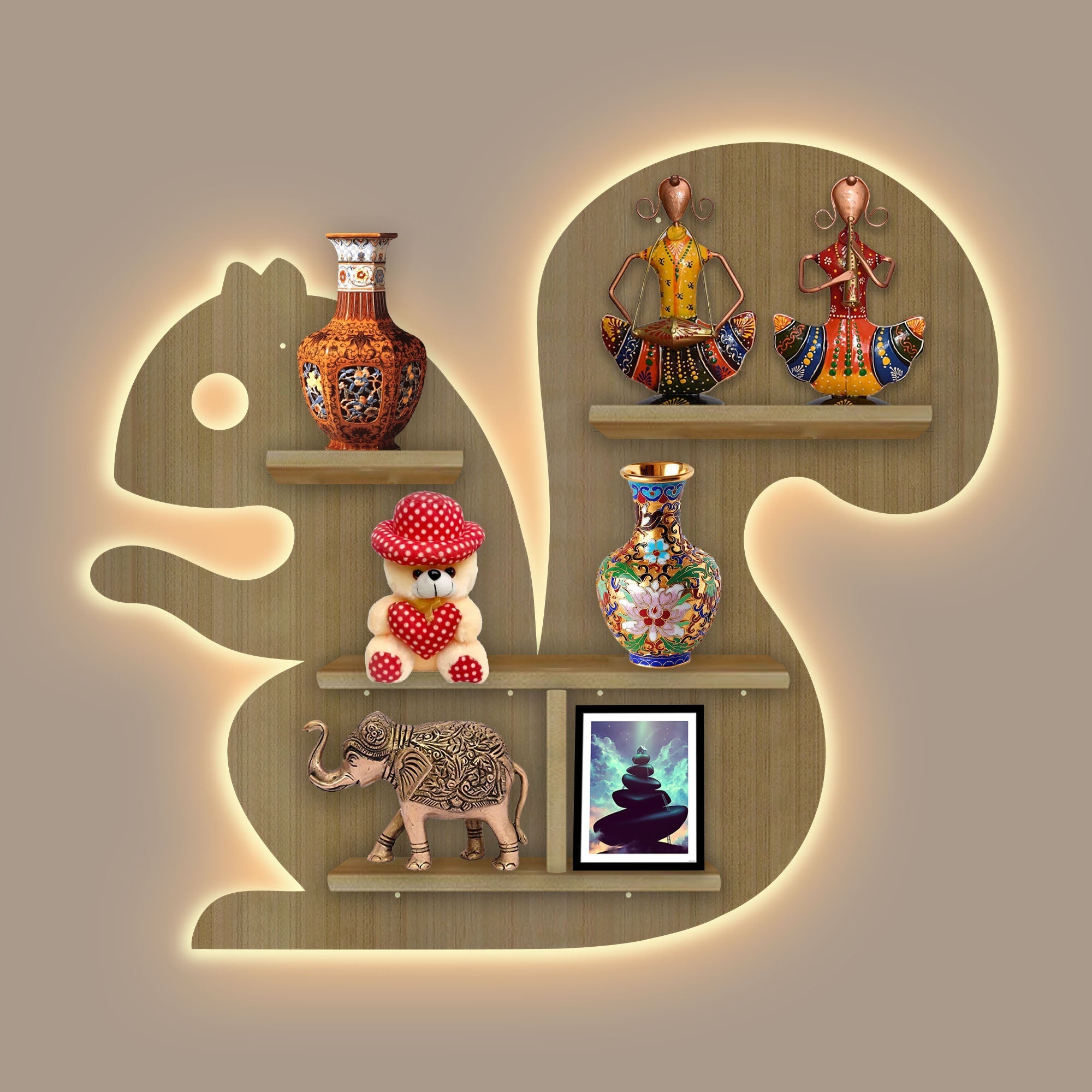 Squirrel Shape Wooden Wall Shelf LED Light Wall Shelf with Oak Finish