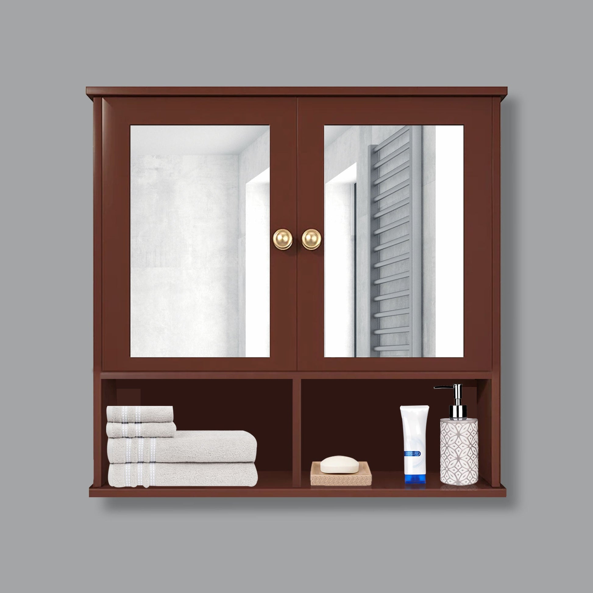 Sturdy Wooden Bathroom Storage Cabinet with Mirrors & 4 Spacious Shelves with Solid Brown Finish