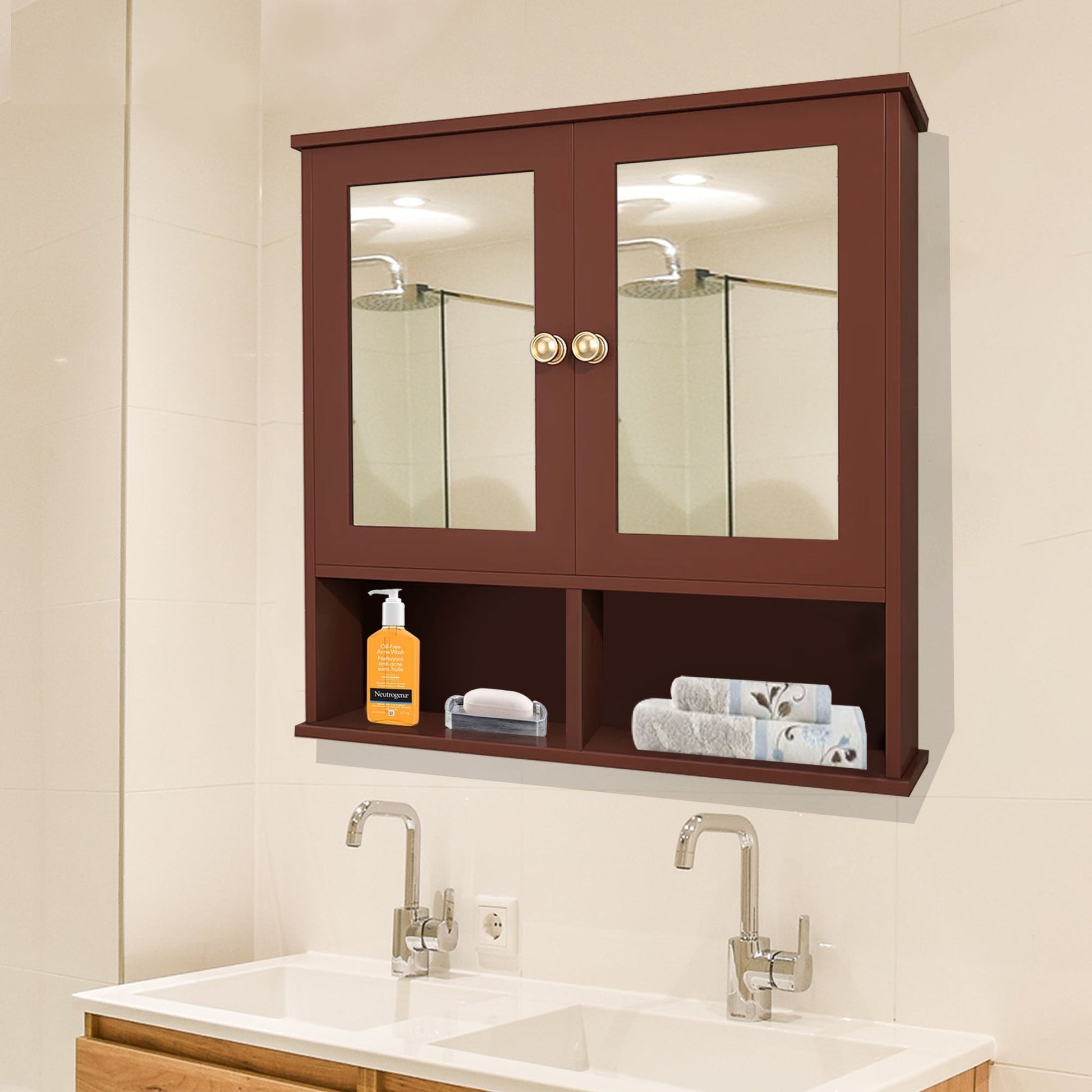 Sturdy Wooden Bathroom Storage Cabinet with Mirrors