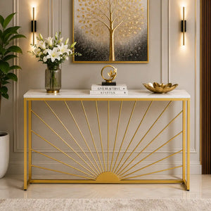 Sun Ray Pattern Designer White Marble Golden Console Table