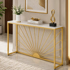 Sun Ray Pattern Designer White Marble Golden Console Table