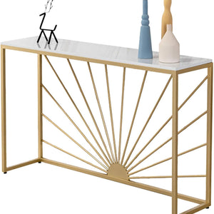 Sun Ray Pattern Designer White Marble Golden Console Table