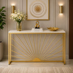 Sun Ray Pattern Designer White Marble Golden Console Table