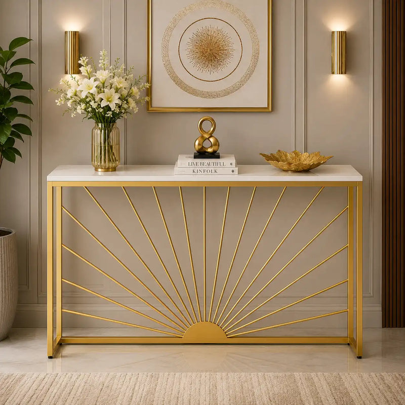 Sun Ray Pattern Designer White Marble Golden Console Table
