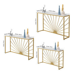 Sun Ray Pattern Designer White Marble Golden Console Table