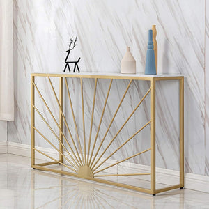 Sun Ray Pattern Designer White Marble Golden Console Table