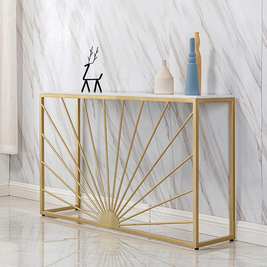 Sun Ray Pattern Designer White Marble Golden Console Table