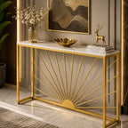 Sun Ray Pattern Designer White Marble Golden Console Table