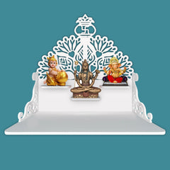 Swastika Kalash Symbol of Hindu Religious Wall Hanging Wooden Temple/ Pooja Mandir Design with Shelf, White Color