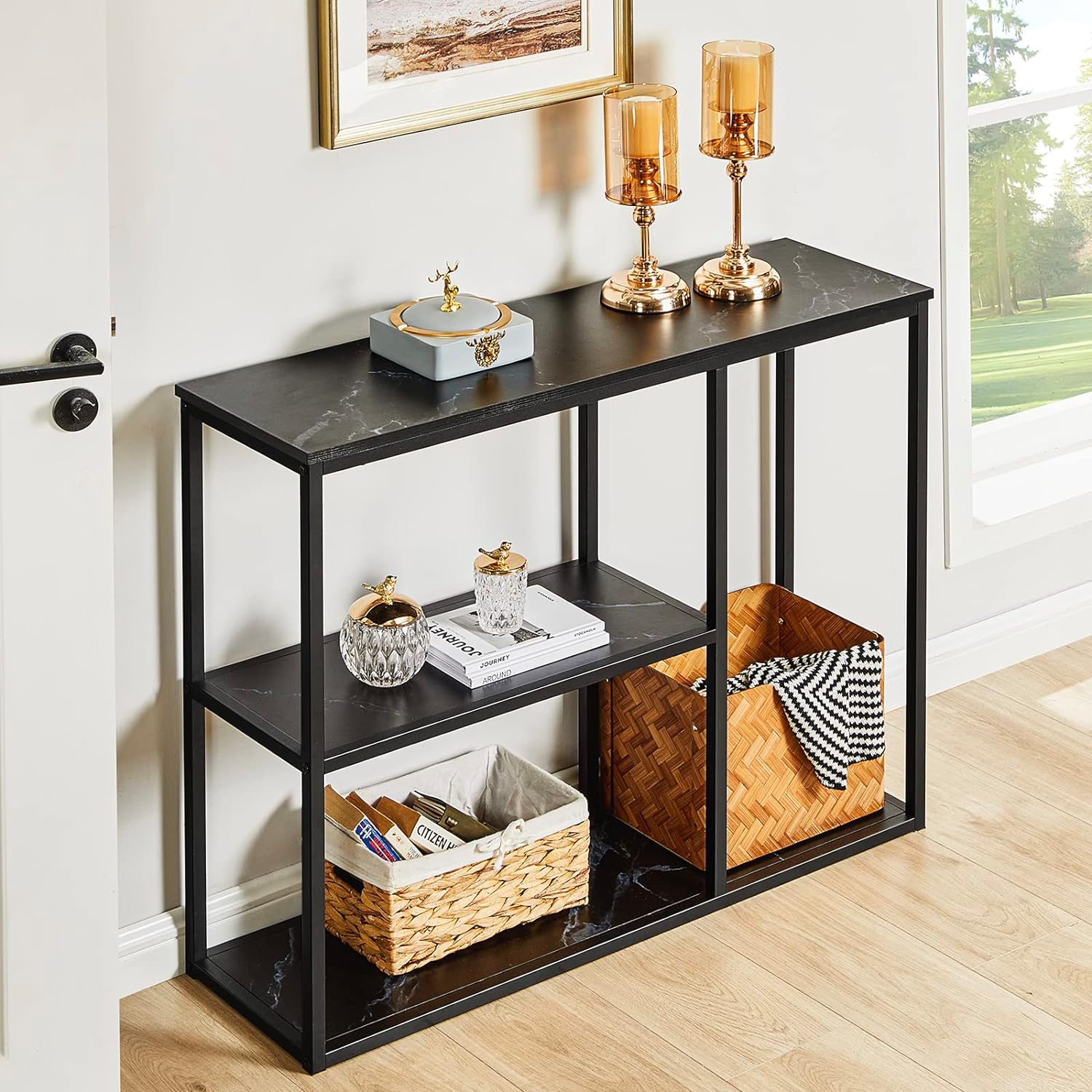 The Stylish Sidekick 3-Tier Black Marble Console Table