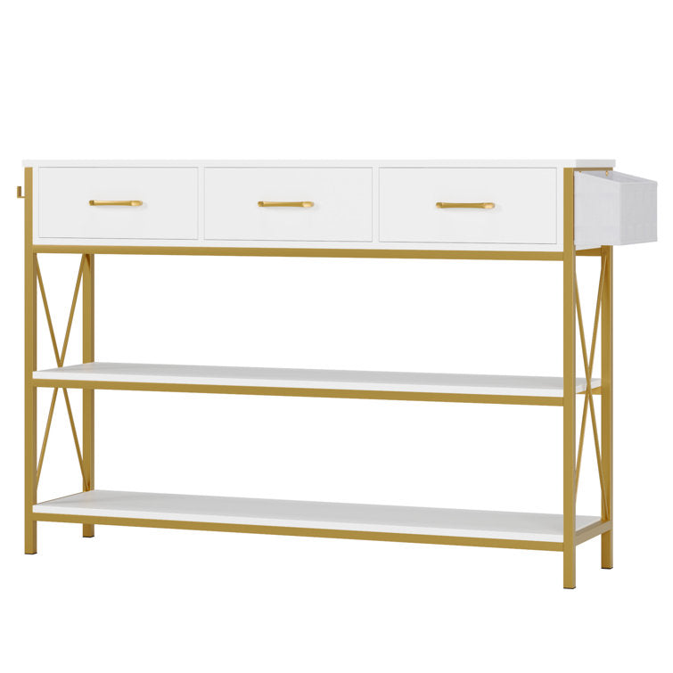 Three Drawer White Gold Engineered Wood Console Table