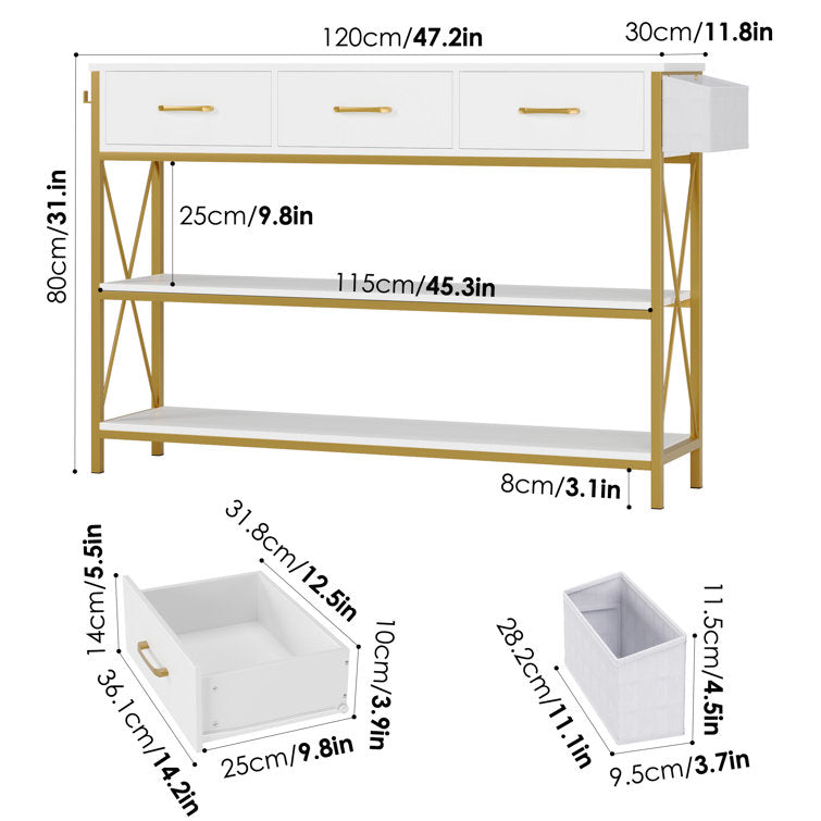 Three Drawer White Gold Engineered Wood Console Table