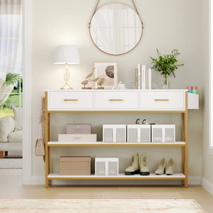 Three Drawer White Gold Engineered Wood Console Table