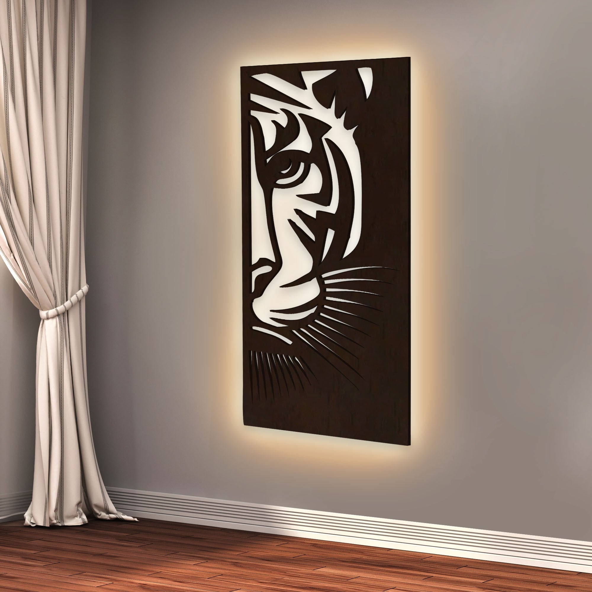 Tiger Face Art Backlit Wooden Wall Decor with LED Night Light Walnut F