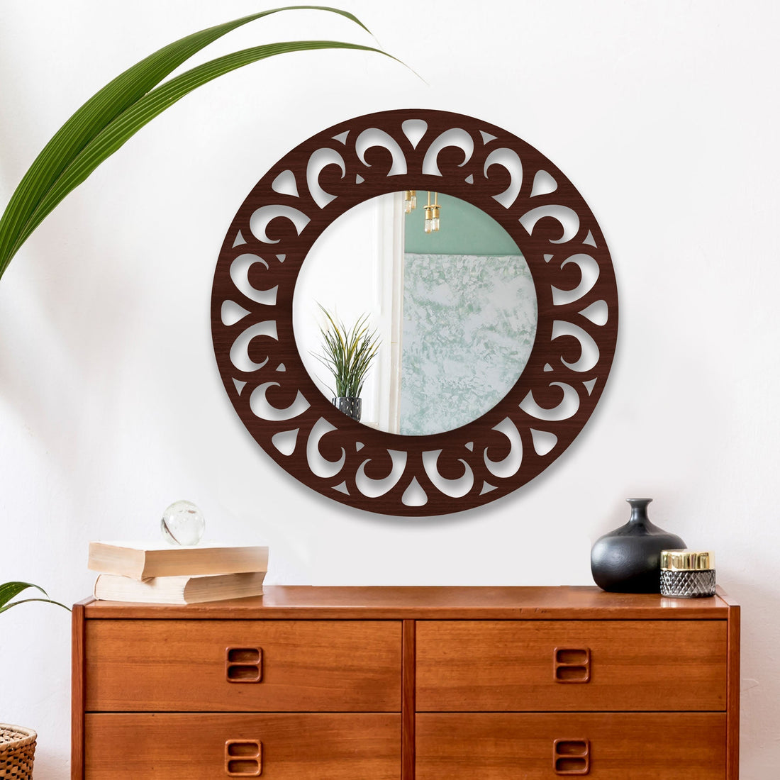 Traditional Style Floral Art Wooden Wall Mirror