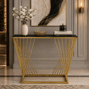 Trapezoid Design Console Table  with Golden Metal Finish