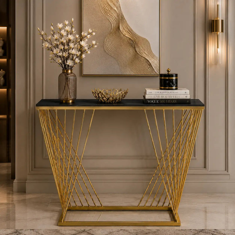 Trapezoid Design Console Table  with Golden Metal Finish