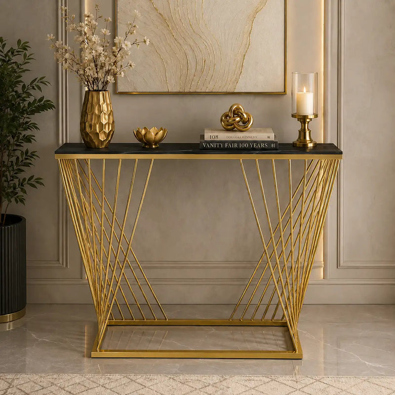 Trapezoid Design Console Table  with Golden Metal Finish