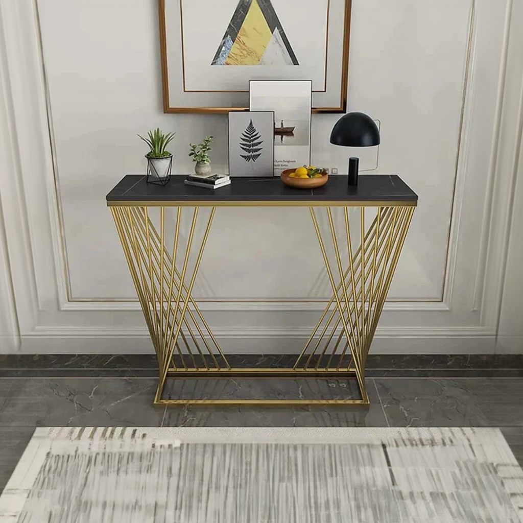 Trapezoid Design Console Table with Golden Metal Finish – Vibecrafts