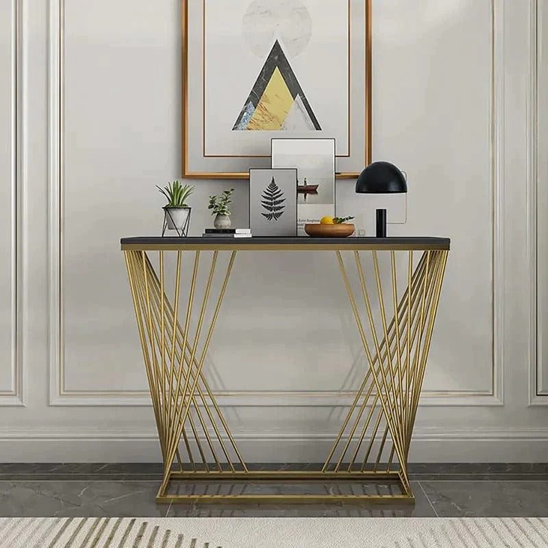 Trapezoid Design Console Table with Golden Metal Finish