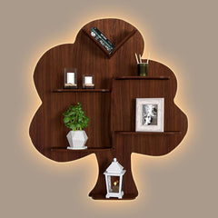 Tree Backlit Designer Wooden Wall Shelf / Book Shelf / Night Light, Walnut Finish