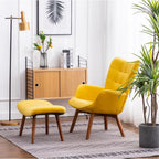 Tufted Curvy Long Back Yellow Color Lounge Chair with Ottoman