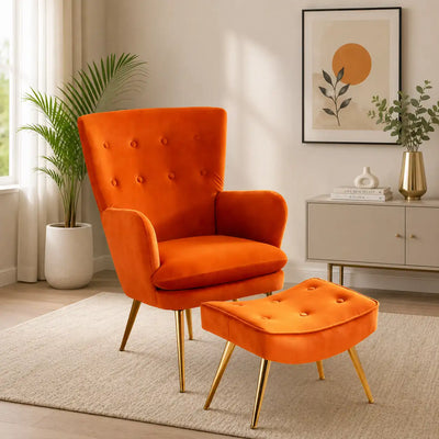 Tufted Long Back Orange Color Lounge Chair with Footrest