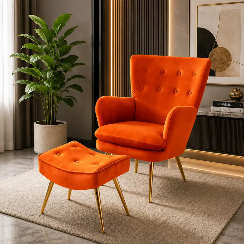 Tufted Long Back Orange Color Lounge Chair with Footrest
