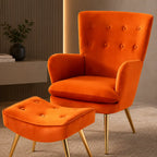 Tufted Long Back Orange Color Lounge Chair with Footrest