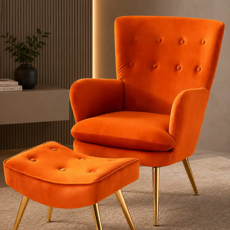 Tufted Long Back Orange Color Lounge Chair with Footrest