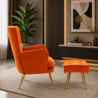 Tufted Long Back Orange Color Lounge Chair with Footrest