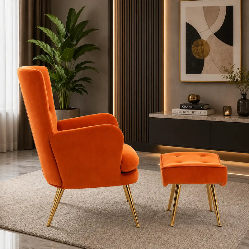 Tufted Long Back Orange Color Lounge Chair with Footrest