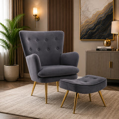 Tufted Long Back Premium Grey Sofa Lounge Chair with Footrest