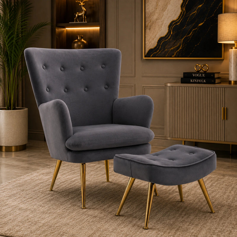 Tufted Long Back Premium Grey Sofa Lounge Chair with Footrest