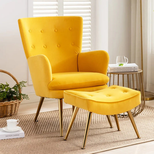 Tufted Long Back Yellow Color Lounge Chair with Ottoman