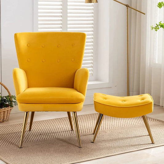  Long Back Yellow Color Lounge Chair with Ottoman