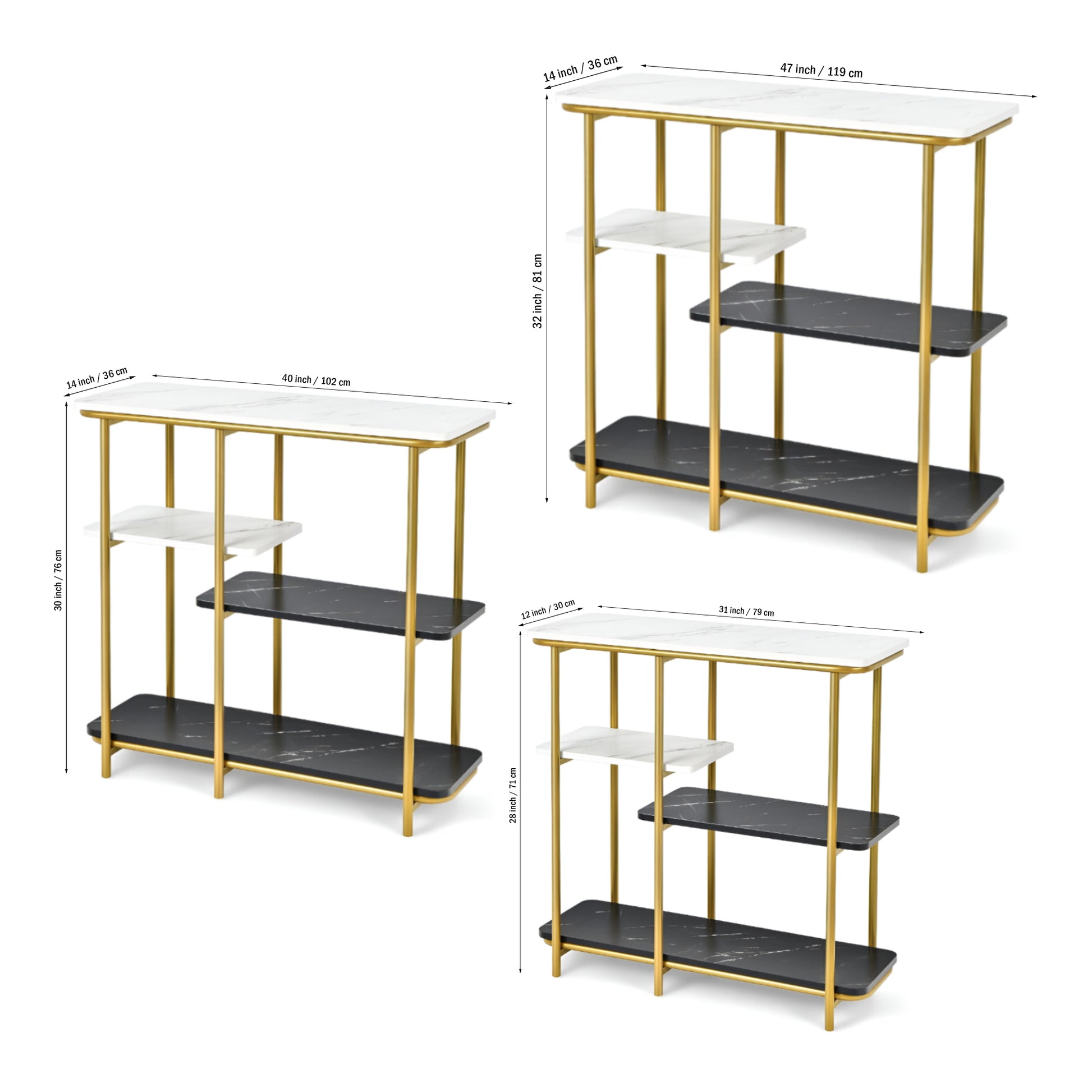 Two Different Colored Surfaces Four-Tier White & Black Marble Gold Console Table