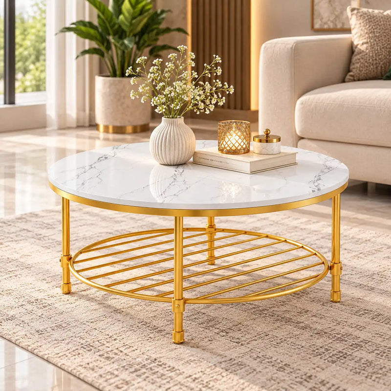 Two Tier Round Coffee Table with White Marble