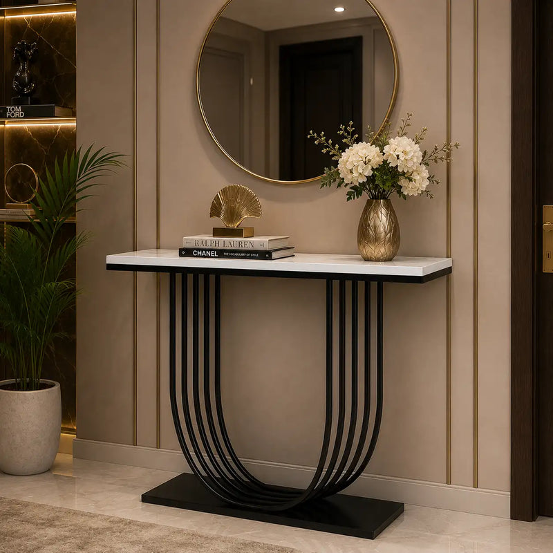 U-Shape White Marble Black Console Table